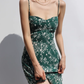 French retro green floral dress looks slim with ruffled edge suspender dress R2868