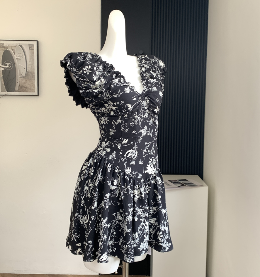 French floral V-neck short dress for women summer ruffled skirt R1991