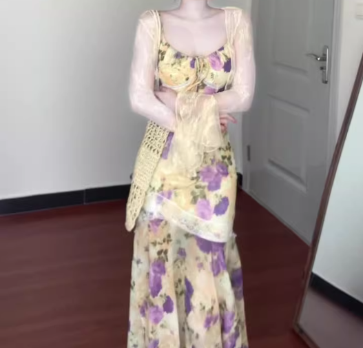 Suspender floral dress beautiful small skirt gentle temperament waist fishtail skirt R0664