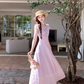 Purple V-neck small flying sleeve waist long dress summer French temperament lace skirt R4584