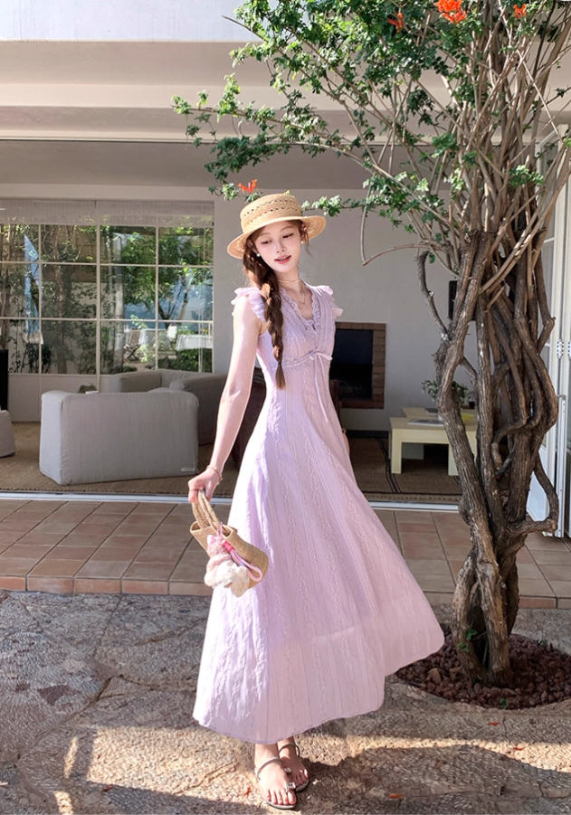 Purple V-neck small flying sleeve waist long dress summer French temperament lace skirt R4584