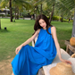 Klein blue sleeveless suspender dress loose lazy style seaside holiday atmosphere dress R1633