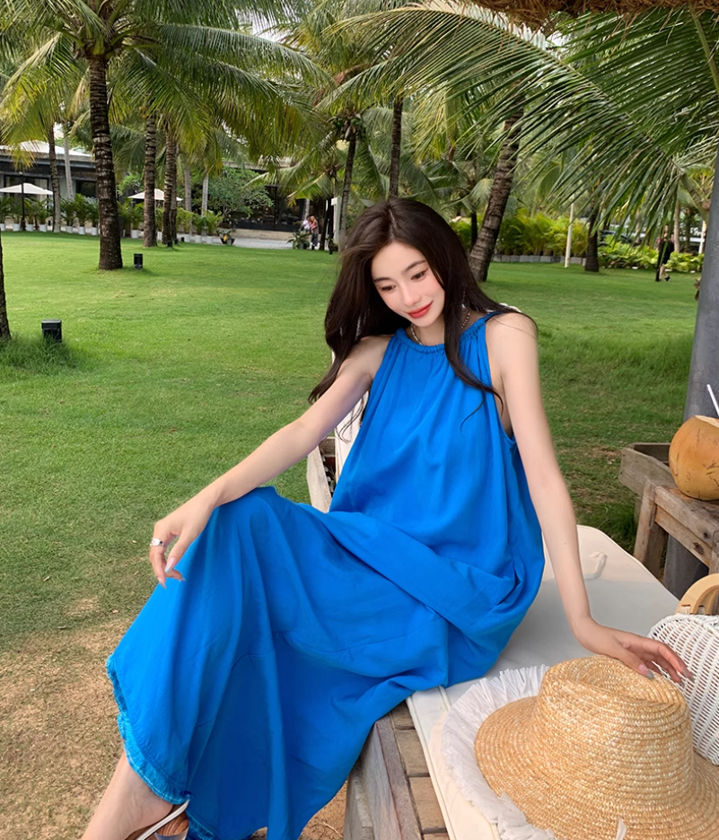 Klein blue sleeveless suspender dress loose lazy style seaside holiday atmosphere dress R1633