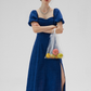 Blue French dress puff sleeves skirt retro style small square collar tea break long dress female summer R3456