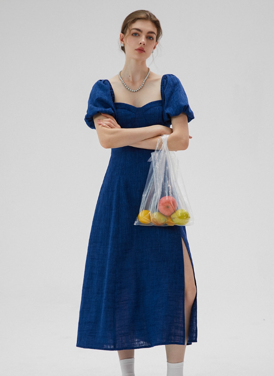 Blue French dress puff sleeves skirt retro style small square collar tea break long dress female summer R3456