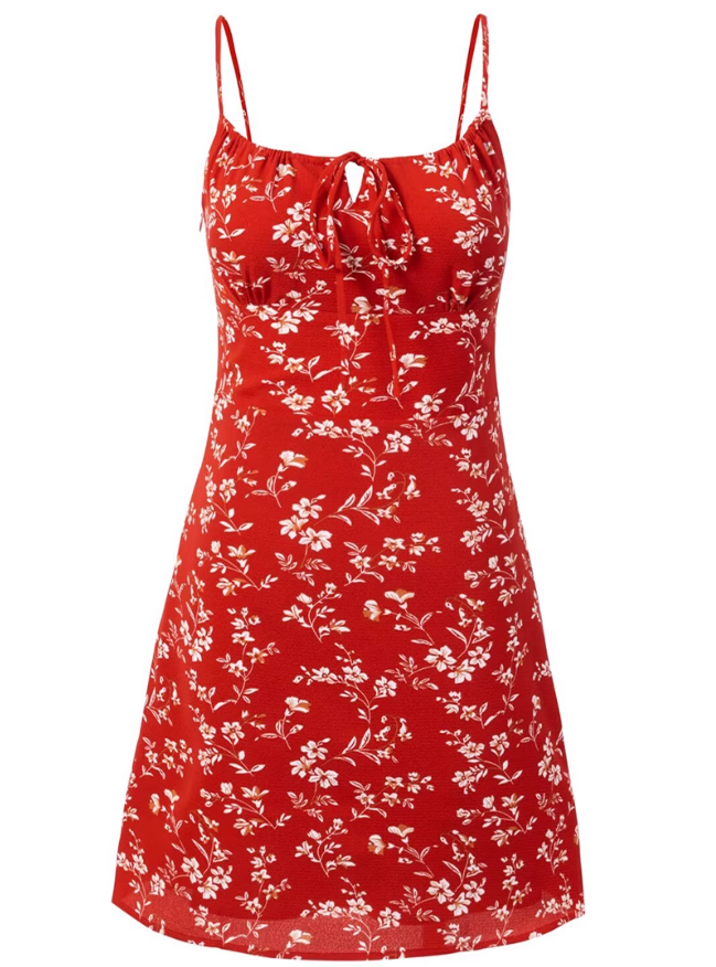2025 Summer New Red Floral Waisted Seaside Vacation Short Suspender Dress R0950