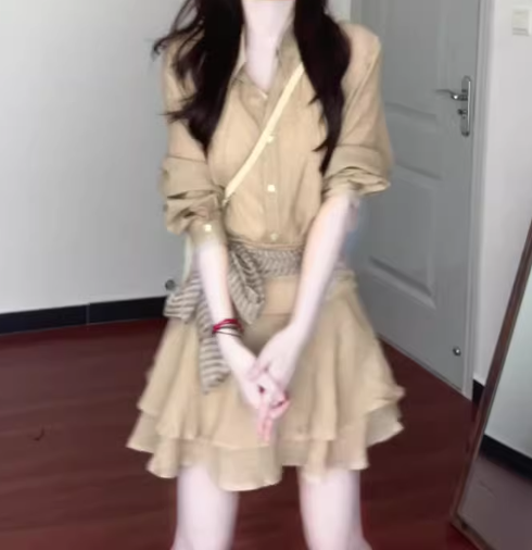 Retro gentle temperament good-looking V-neck long-sleeved shirt A-line skirt two-piece suit R0856