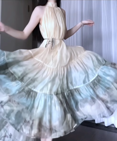 Sleeveless halter dress with beautiful temperament and waist A-line long skirt R0766