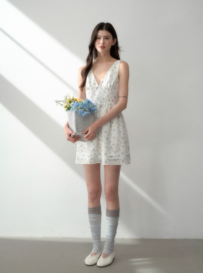 Tencel bow tie V-neck vest dress summer sweet playful midi dress R3332