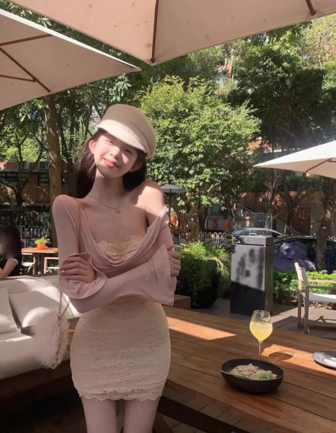 Pure desire style tube top dress female 2025 sweet and spicy pink long-sleeved top suit R1020