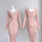 Pure desire slim waist sexy hip pink dress V-neck bottom knitted long skirt R0296