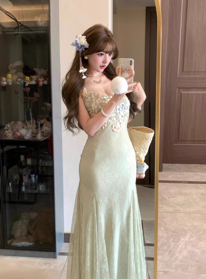 Mint green flower suspender dress gentle temperament waist hip skirt R0624