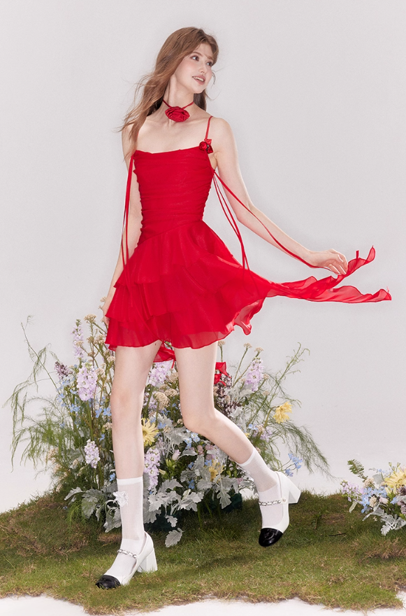 French flower tie ruffled collar suspender dress R4542