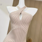 Temperament pure desire style cross halter neck sexy hip dress slim hollow knitted long skirt R0291