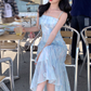 Blue gradient long floral one-shoulder waist suspender dress summer temperament skirt R4904