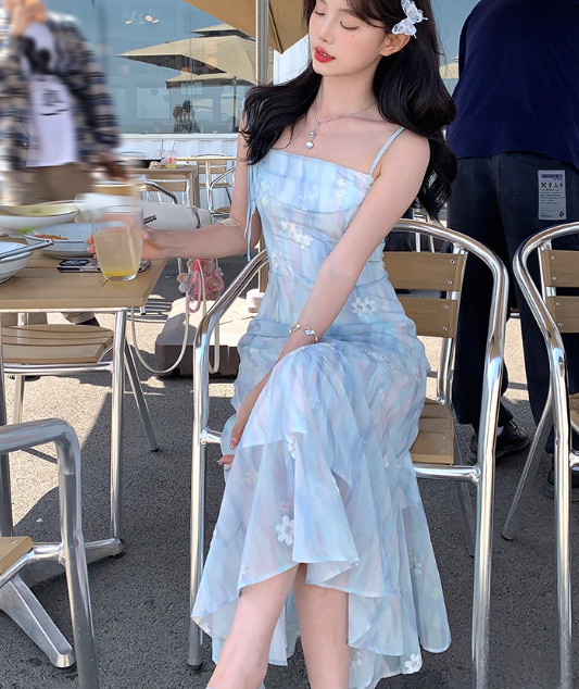 Blue gradient long floral one-shoulder waist suspender dress summer temperament skirt R4904