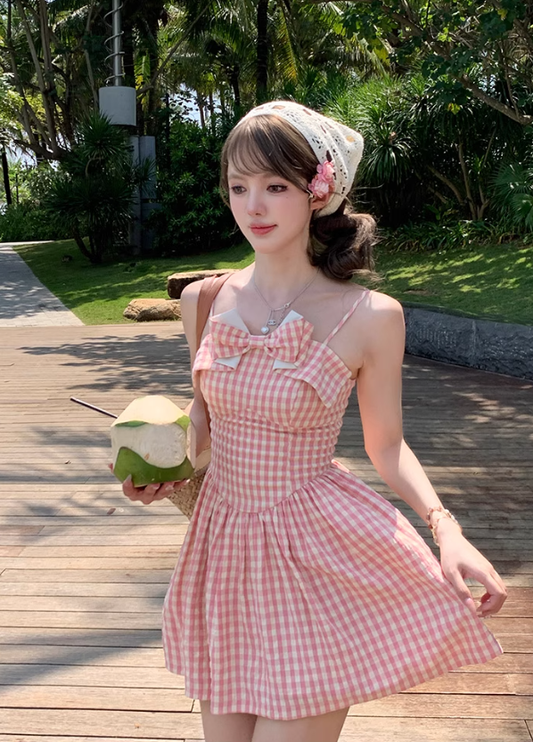Pink plaid waist suspender dress French retro style skirt R5026