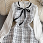 Little Chanel style celebrity temperament fake two-piece long-sleeved stand-up collar waist A-line coarse flower dress R0387