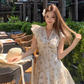 French sweet short-sleeved hollow flower high waist design beige floral dress R4070