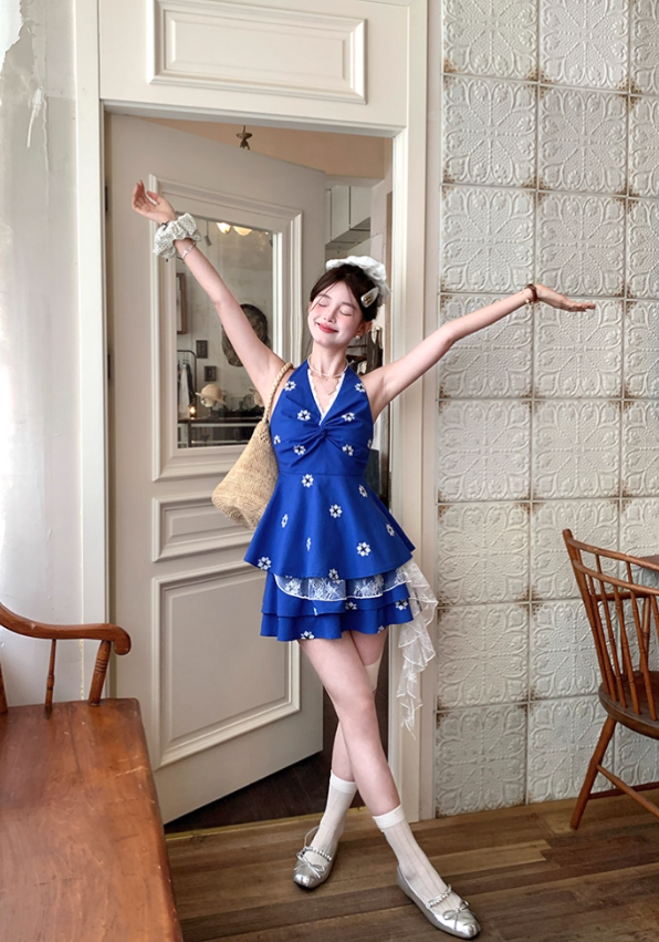 Short V-neck halter neck embroidered top high waist A-line skirt suit for women summer R4868