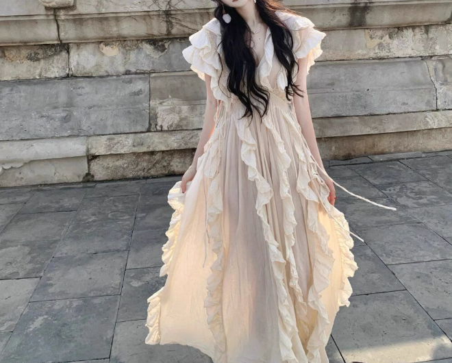 Beautiful little skirt exquisite dress ruffled V-neck waist long skirt R0703