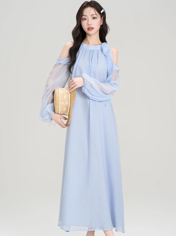 French design holiday halter neck off-shoulder dress beautiful gentle wind skirt R2387