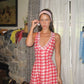 Red and White Checkered V-neck Sexy Slim A-line Short Skirt Homecoming Dress R3981