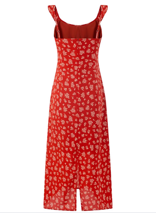 2025 Summer New Red Floral French Style Small Flying Sleeve Seaside Holiday Dress R0929