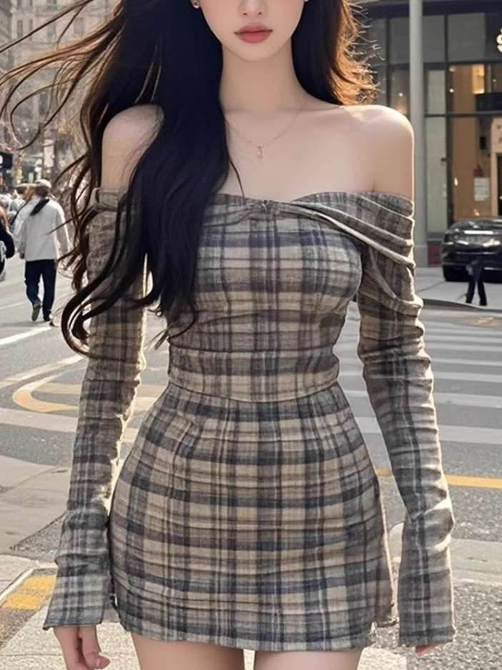 French retro plaid one-shoulder long-sleeved dress 2025 hot girl waist hip skirt R1118