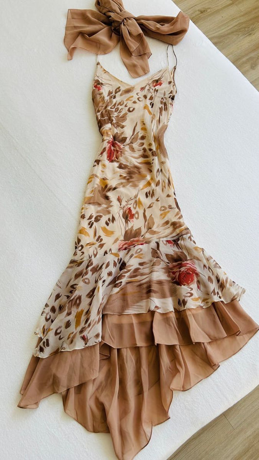 Brown floral strappy waist slimming irregular skirt homecoming dress R2902