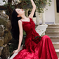 Fairy French retro red dress high-end dress ruffled sling beach dress R1714