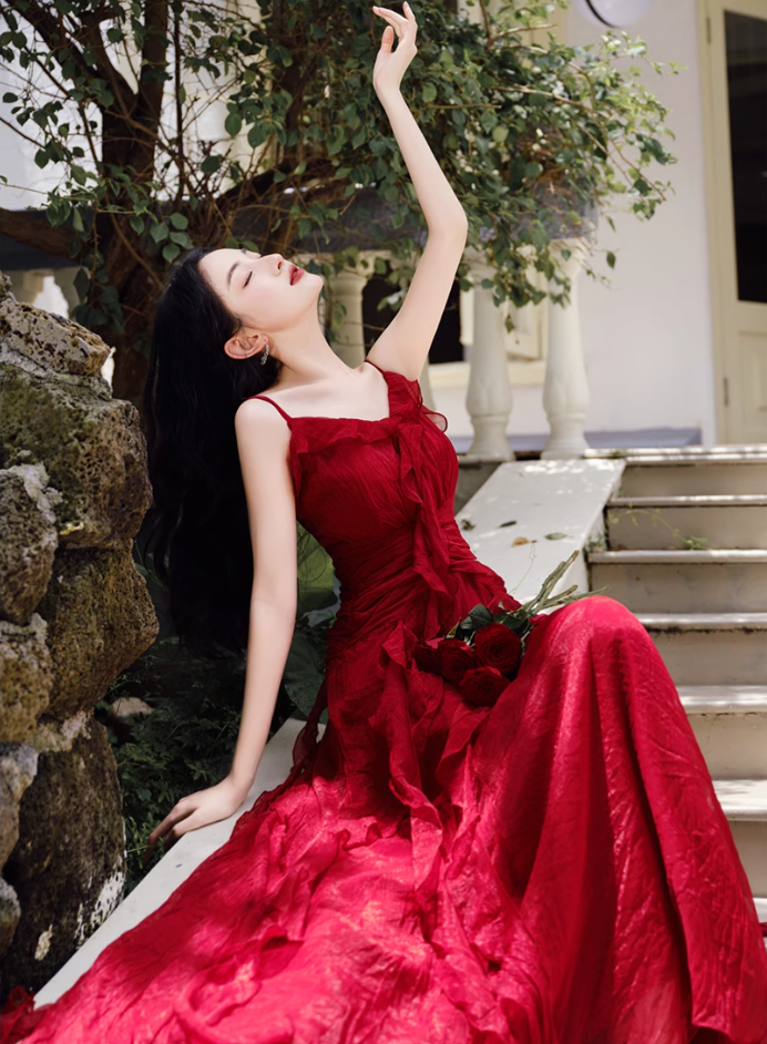 Fairy French retro red dress high-end dress ruffled sling beach dress R1714