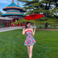 Retro blue tube top waist A-line mini skirt homecoming dress R2954