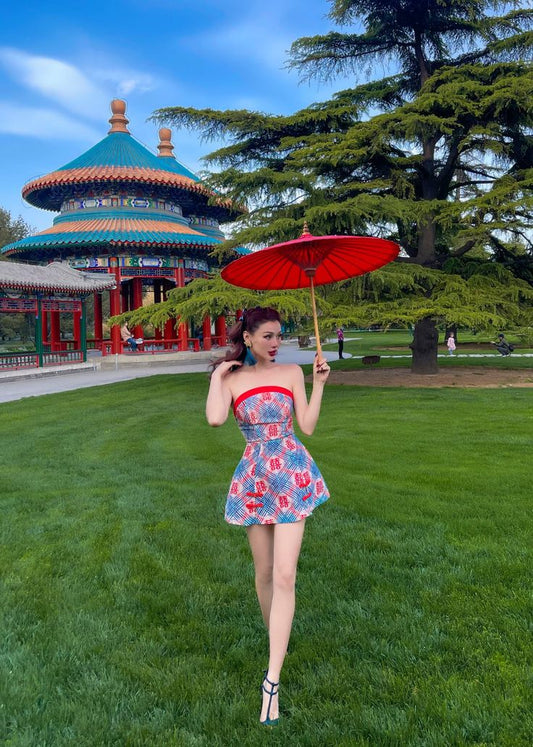 Retro blue tube top waist A-line mini skirt homecoming dress R2954