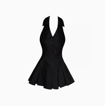 Sweet and spicy design sleeveless halter dress 2025 pure desire waist pleated short skirt R1136