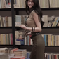 Large size French style slim fit straight shoulder top high waist skirt simple suit R1825