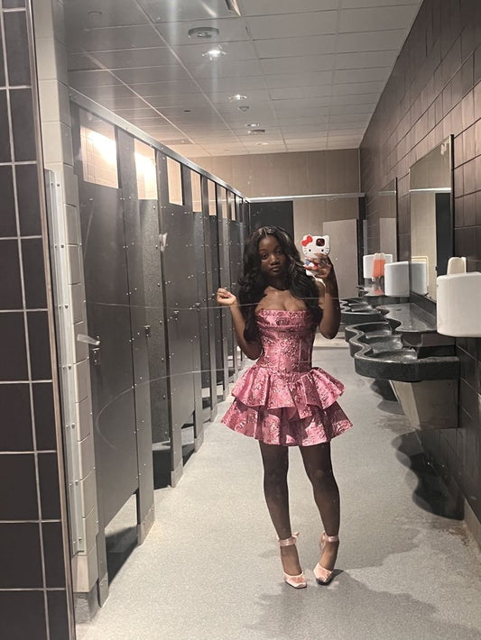 Princess Style Pink A-Line Strapless Embroidery Tiered Bodycon Mini Dress Homecoming Dress RS168