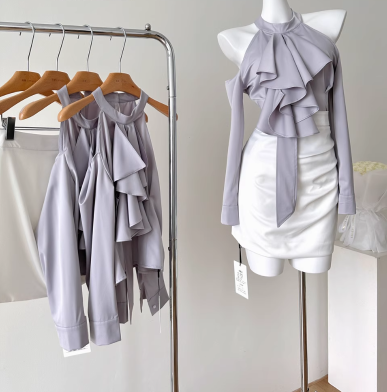 Waist-length irregular off-shoulder halter neck satin shirt dress R2098