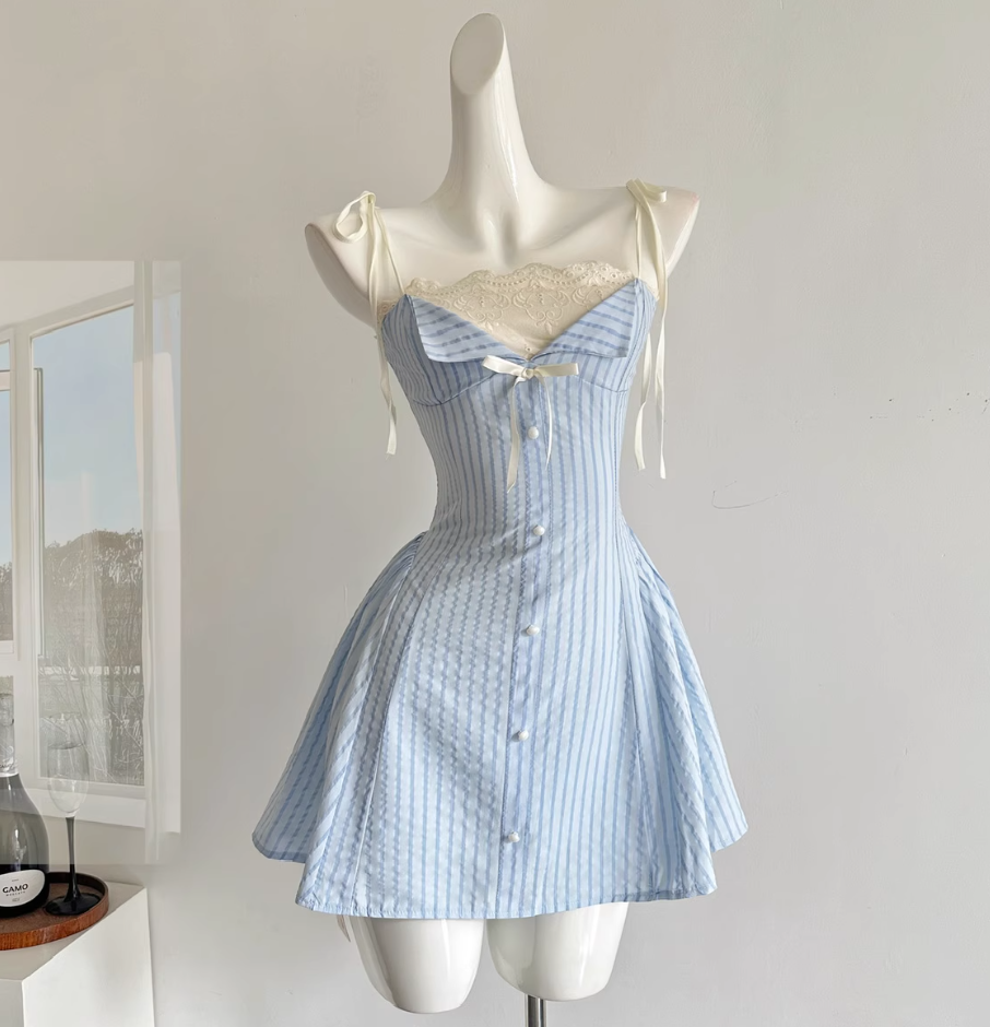 Blue Wind Chime Original Design Striped Splicing Dress R2036
