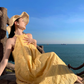 Beach dress yellow jacquard halter neck dress lazy style temperament long dress R0759