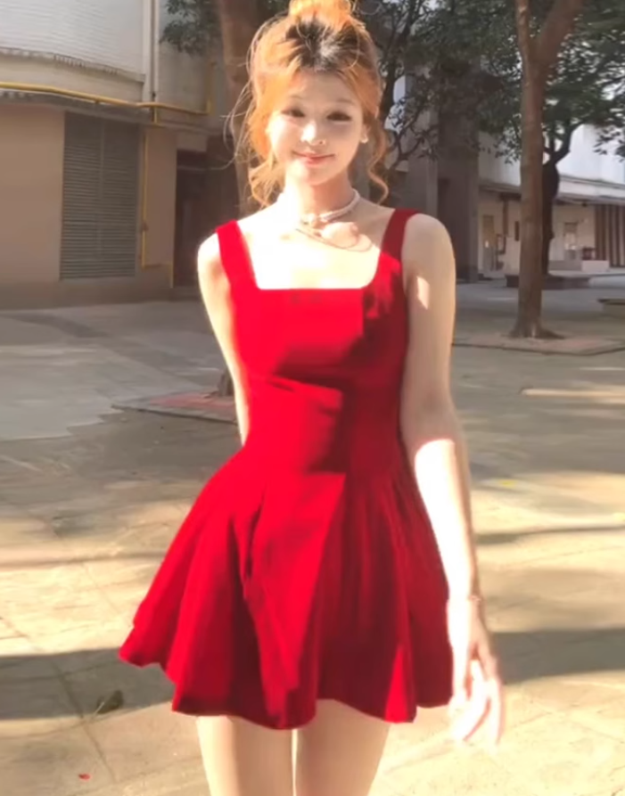 Large size French pure velvet square neck dress red birthday puffy dress R1886