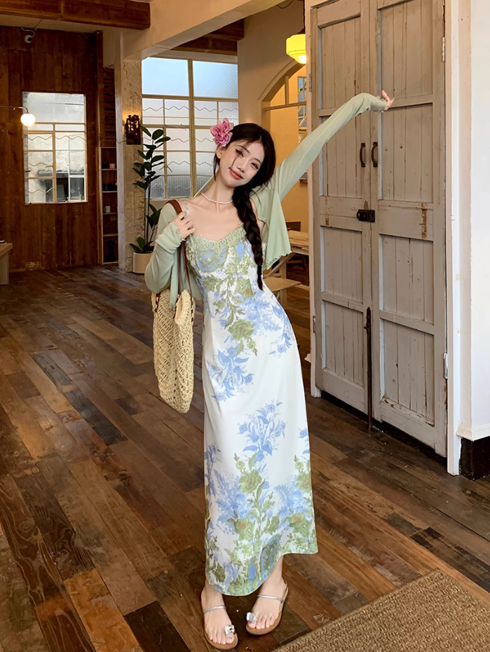 Fairy New Chinese Retro Jacquard Suspender Skirt Flower Long Skirt Tea Break Dress R1759