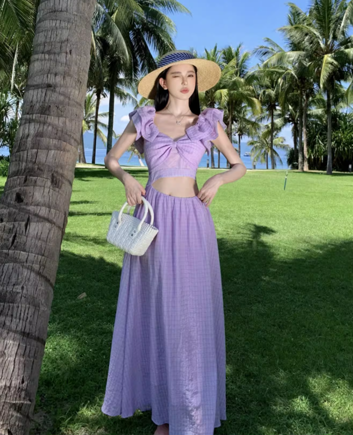 Super fairy long skirt with small flying sleeves white waist-baring dress holiday beach skirt R1607