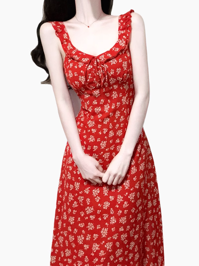 2025 Summer New Red Floral French Style Small Flying Sleeve Seaside Holiday Dress R0929