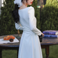 Square collar temperament waist long sleeve dress 2025a gentle long dress R1456