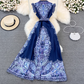 Retro palace style goddess style single-breasted lapel print dress elegant A-line long skirt R0361