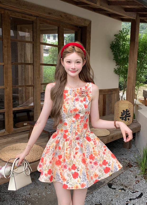 Women's summer French retro printed waist suspender dress R4824