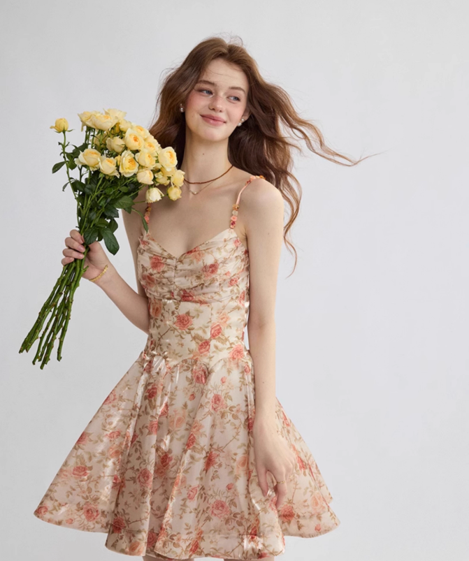 French suspender dress floral dress holiday wear short skirt R2698