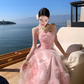 Pink flower suspender dress gentle temperament beautiful dress R0800