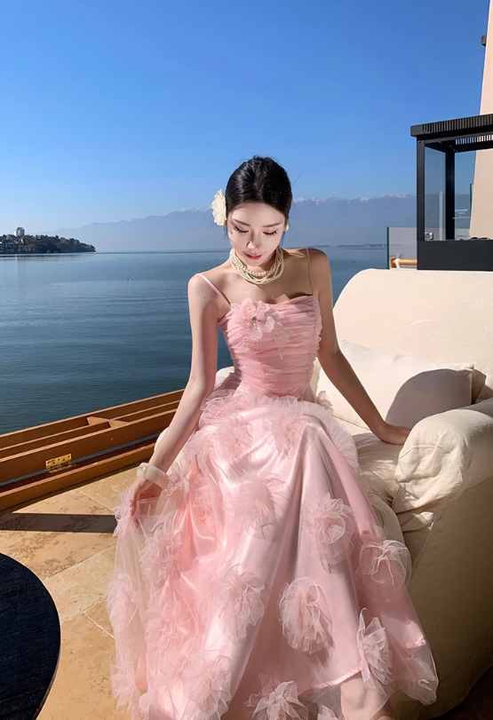 Pink flower suspender dress gentle temperament beautiful dress R0800